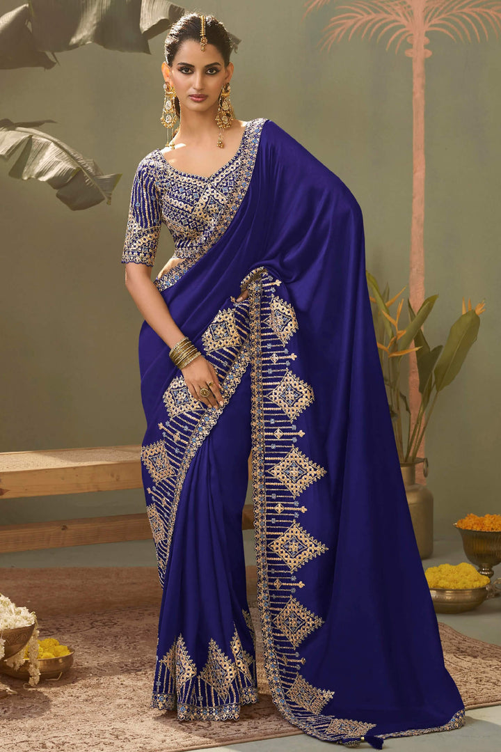 Indigo Blue Gota Patti Embroidery Work Saree With Designer Blouse Piece