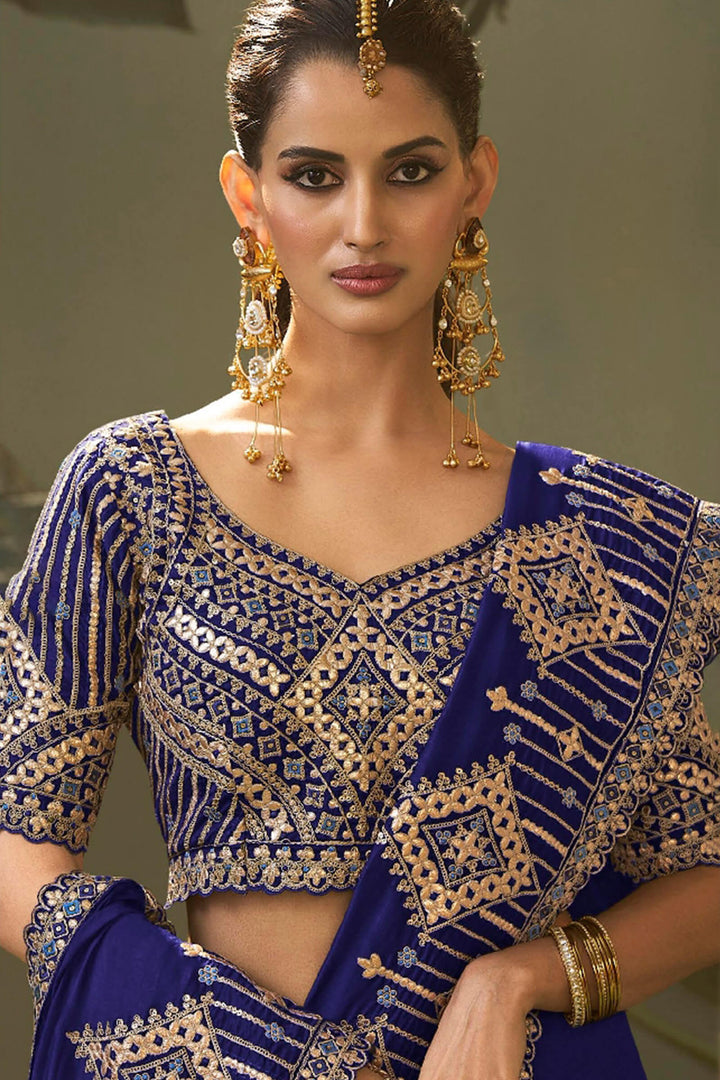 Indigo Blue Gota Patti Embroidery Work Saree With Designer Blouse Piece
