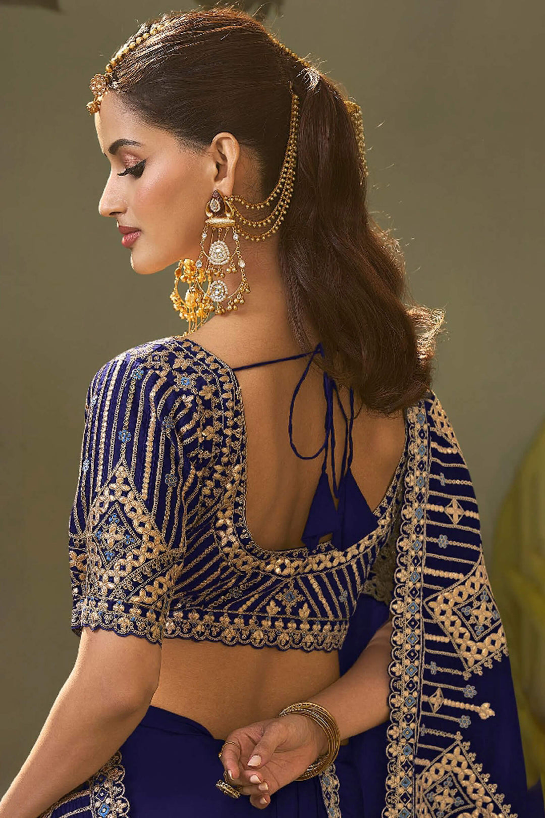 Indigo Blue Gota Patti Embroidery Work Saree With Designer Blouse Piece