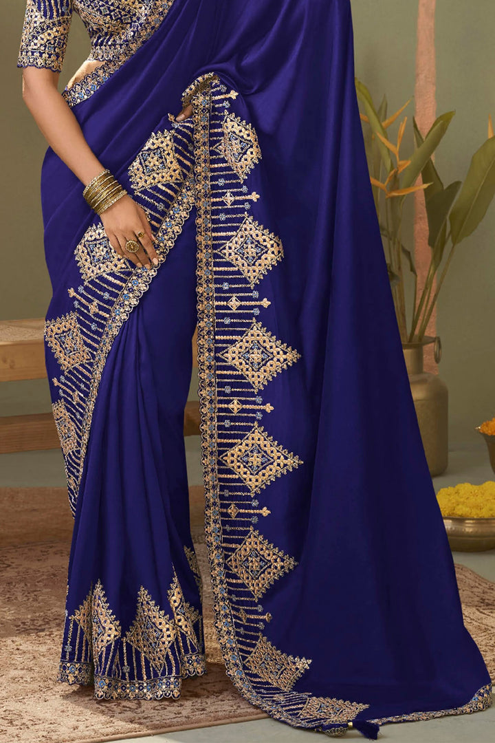 Indigo Blue Gota Patti Embroidery Work Saree With Designer Blouse Piece
