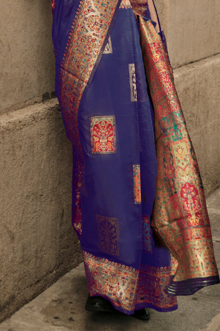 Indigo Blue Kashmiri Weaving Pashmina Silk Saree