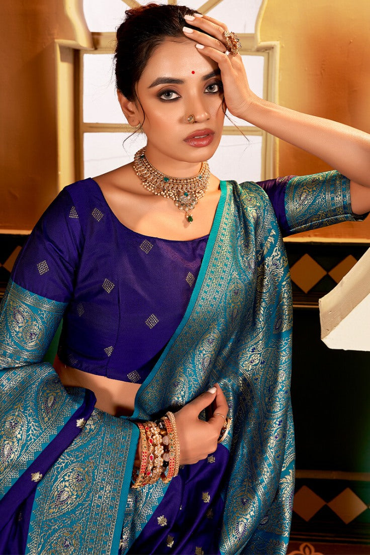 Indigo Blue Soft Banarasi Silk Saree