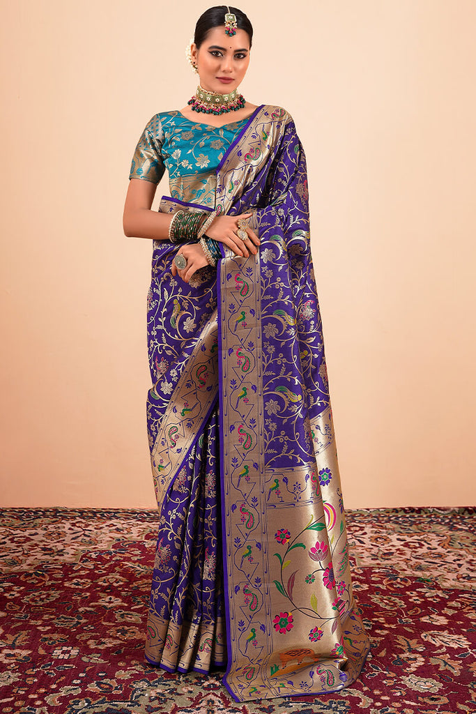 Indigo Blue Zari Woven Paithani Silk Saree