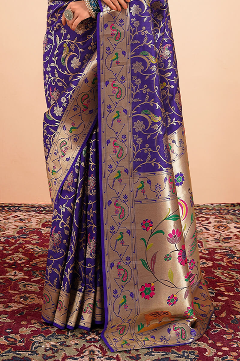 Indigo Blue Zari Woven Paithani Silk Saree