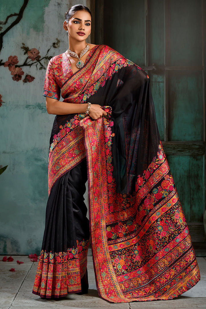 Ink Black Pashmina Silk Saree