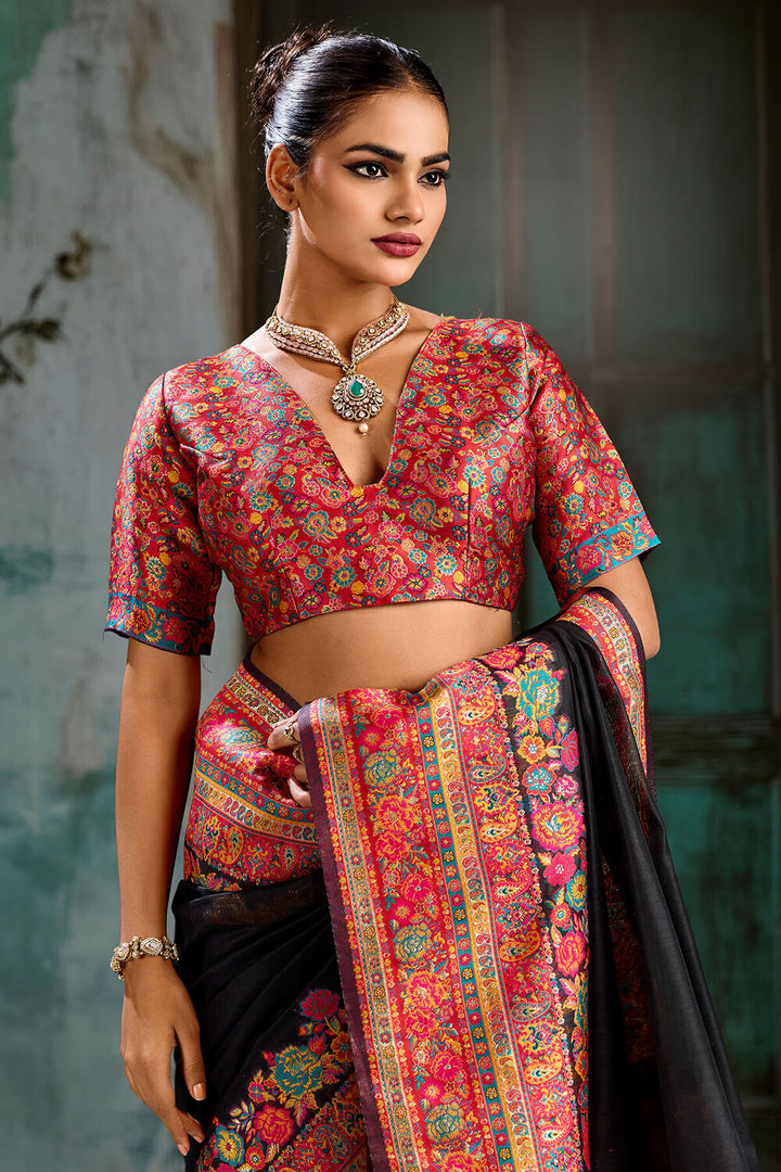 Ink Black Pashmina Silk Saree