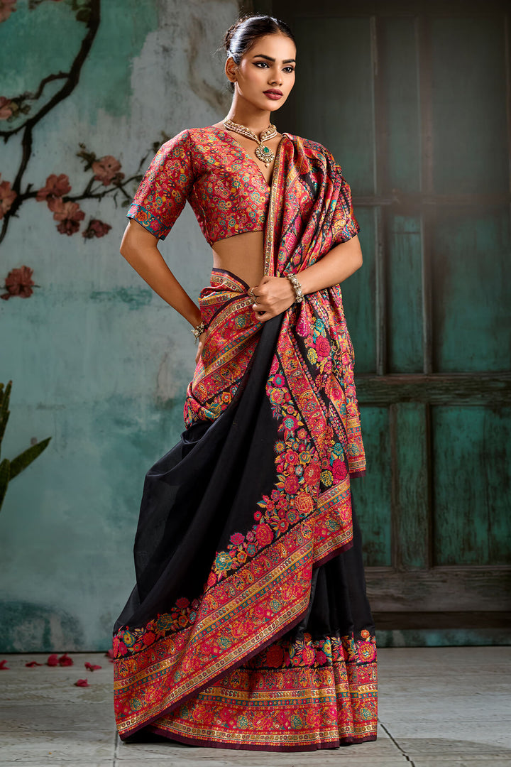 Ink Black Pashmina Silk Saree