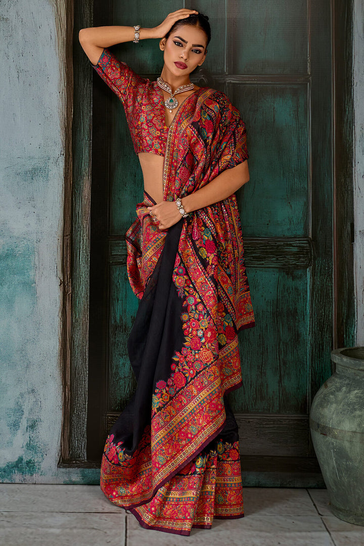 Ink Black Pashmina Silk Saree