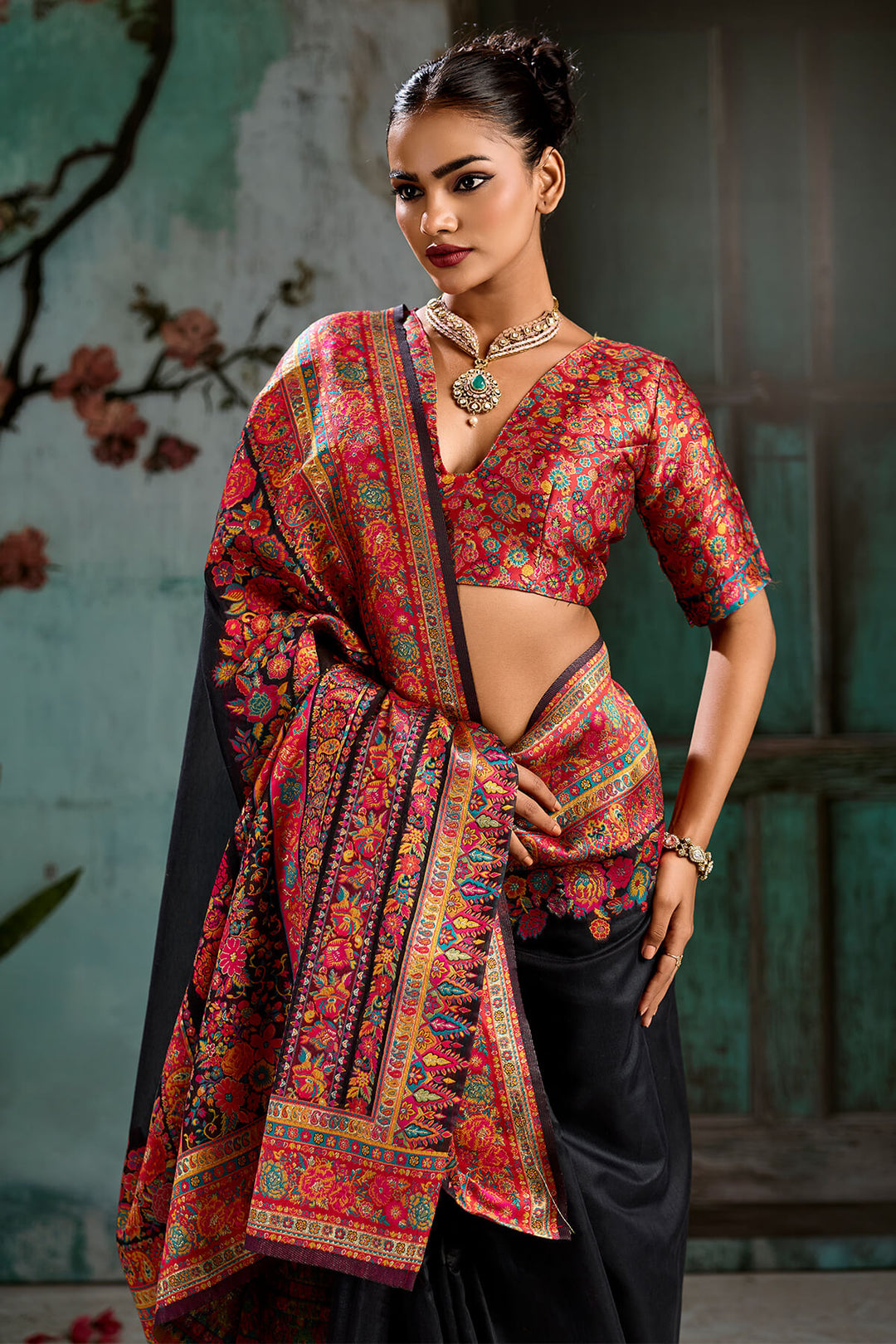 Ink Black Pashmina Silk Saree