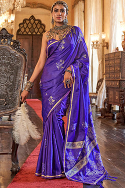 Iris Blue Zari Woven Banarasi Satin Silk Saree