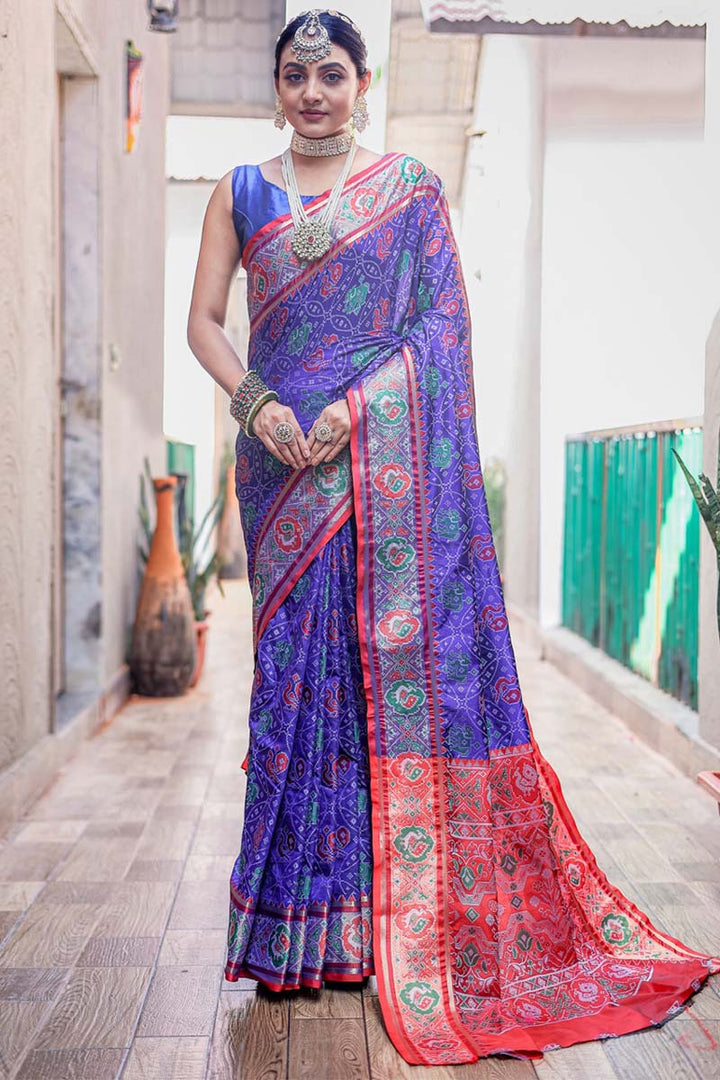 Iris Blue Zari Woven Patola Silk Saree