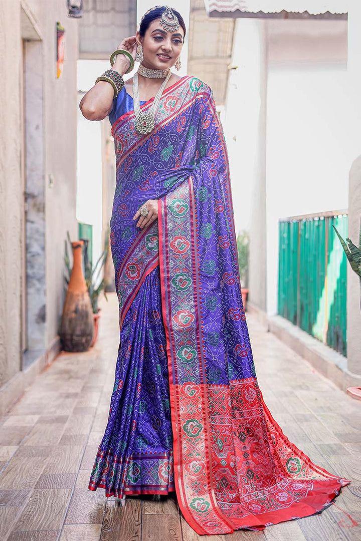 Iris Blue Zari Woven Patola Silk Saree