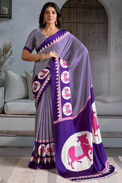 Iris Purple Ajrakh Printed Satin Crepe Silk Saree