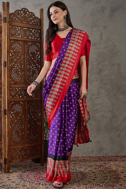Iris Purple Ajrakh Printed Satin Silk Saree