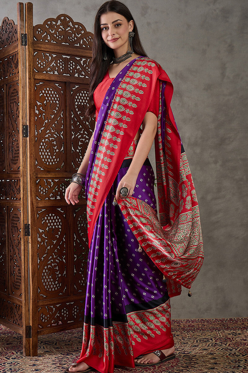 Iris Purple Ajrakh Printed Satin Silk Saree