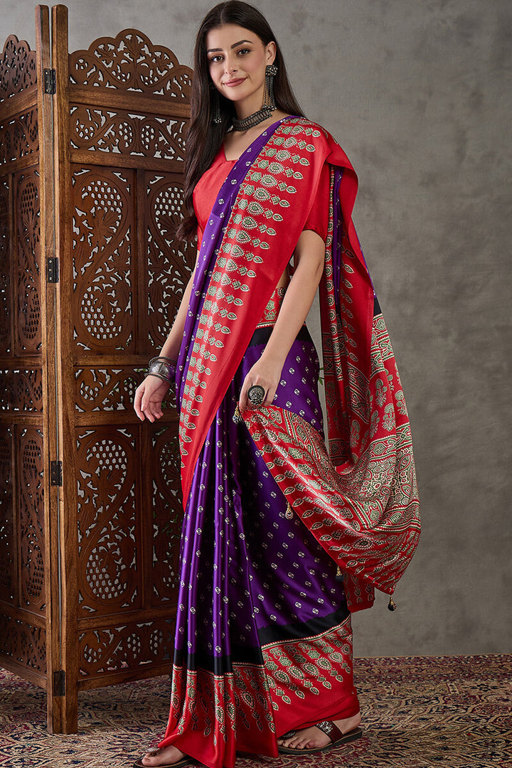 Iris Purple Ajrakh Printed Satin Silk Saree