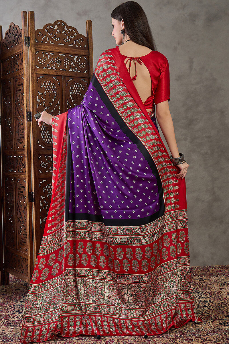 Iris Purple Ajrakh Printed Satin Silk Saree