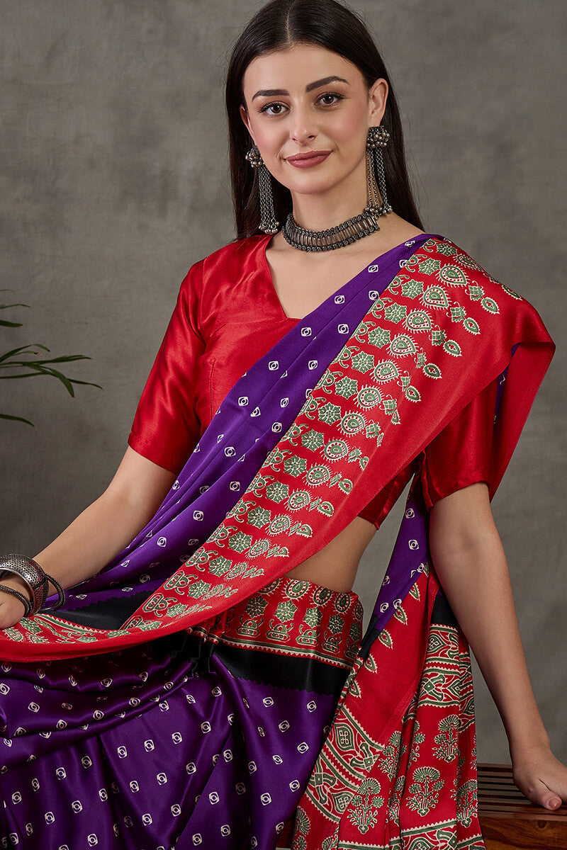 Iris Purple Ajrakh Printed Satin Silk Saree