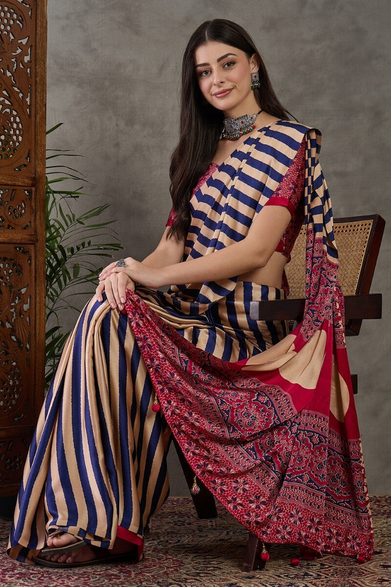 Iris Purple Stripe Ajrakh Printed Satin Silk Saree