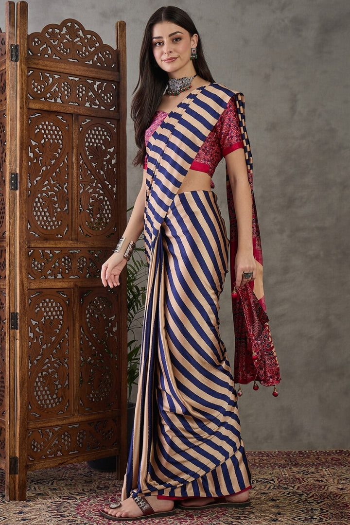 Iris Purple Stripe Ajrakh Printed Satin Silk Saree