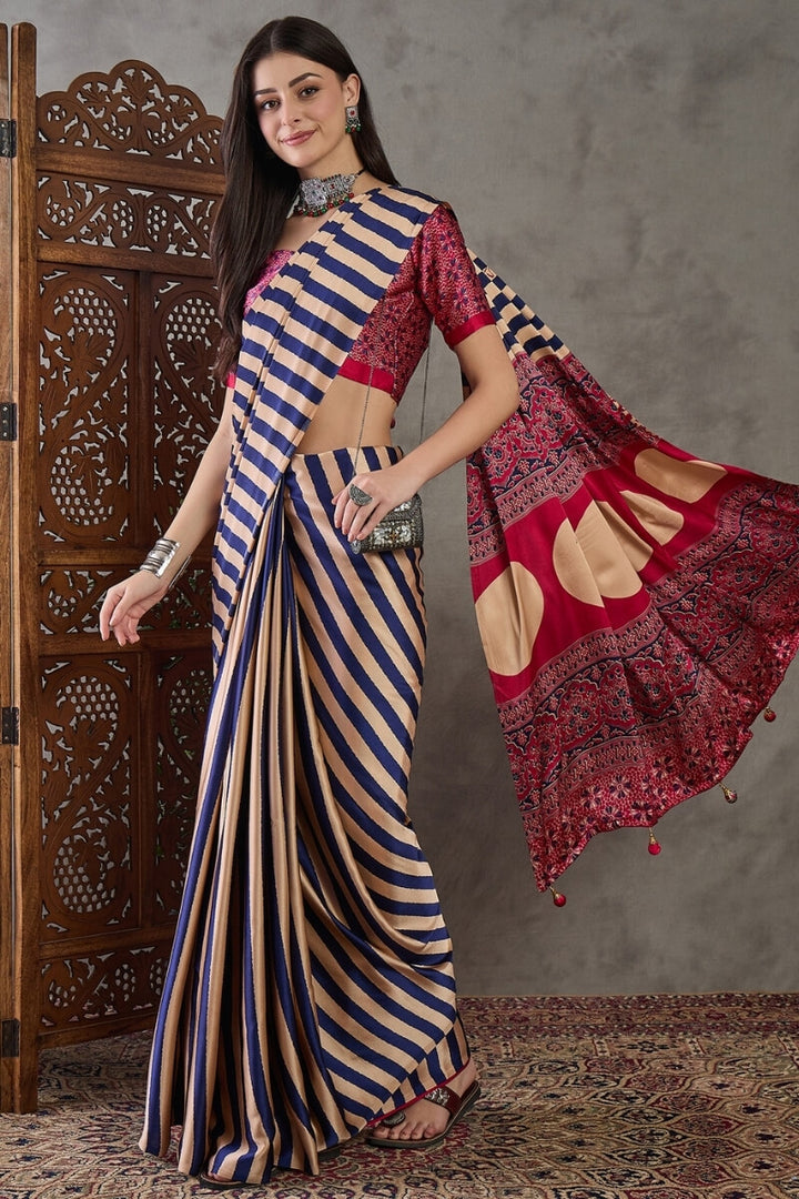 Iris Purple Stripe Ajrakh Printed Satin Silk Saree