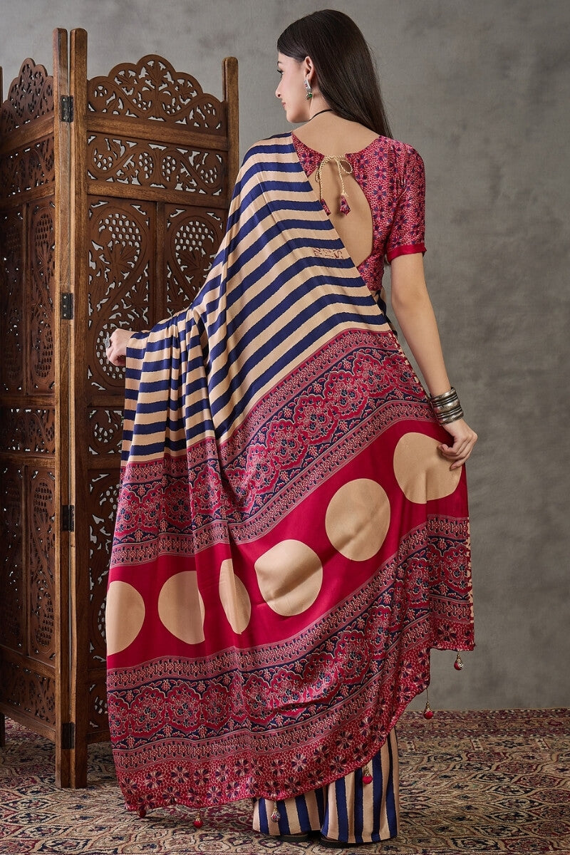 Iris Purple Stripe Ajrakh Printed Satin Silk Saree