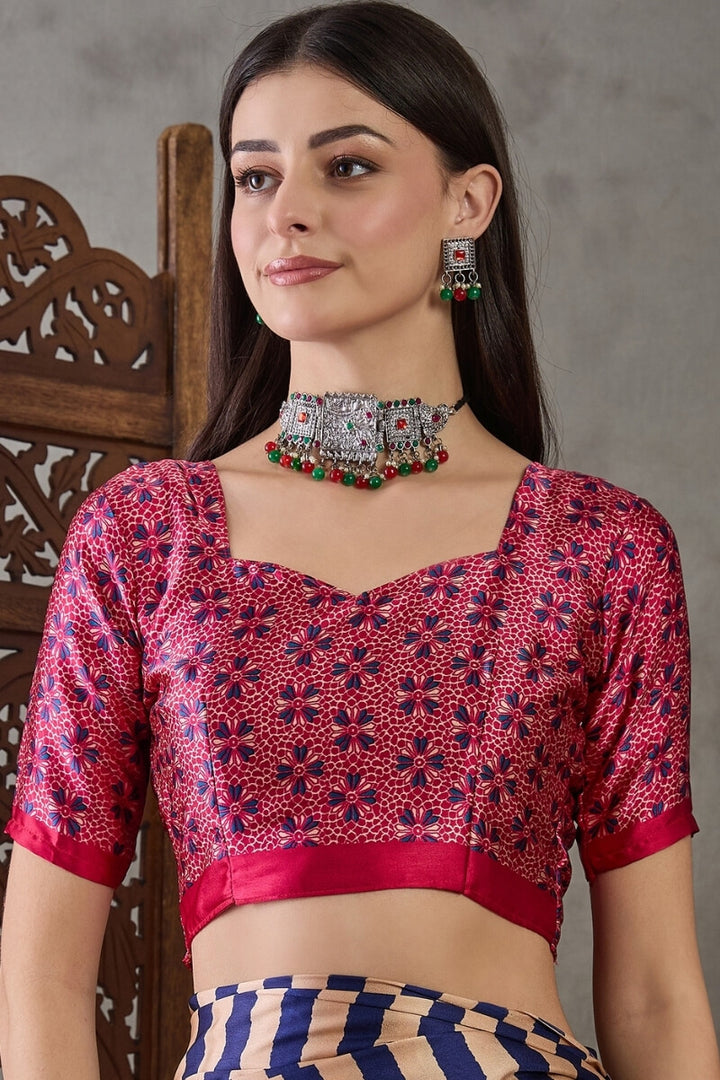 Iris Purple Stripe Ajrakh Printed Satin Silk Saree