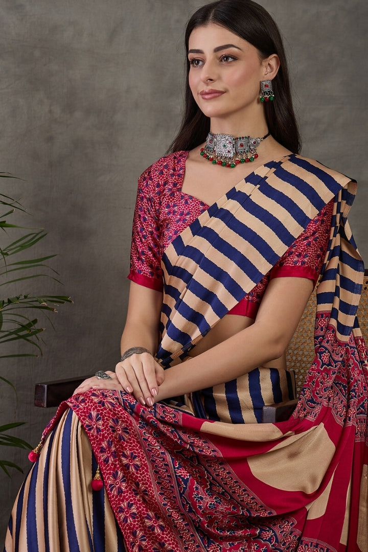Iris Purple Stripe Ajrakh Printed Satin Silk Saree