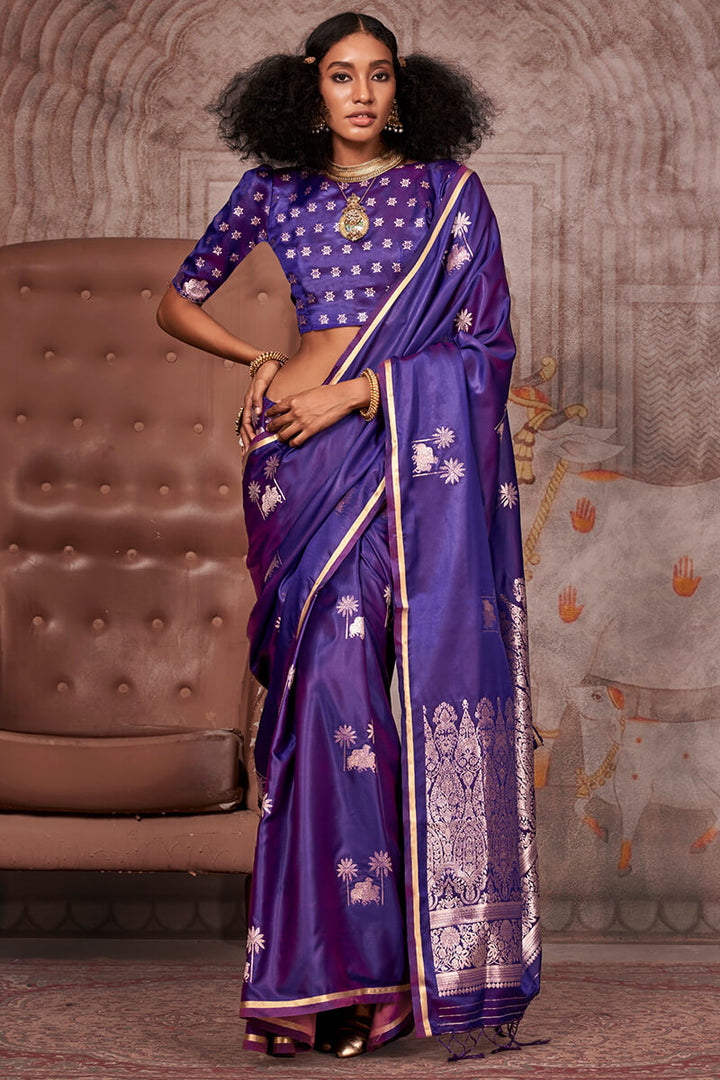 Iris Purple Zari Woven Banarasi Satin Silk Saree