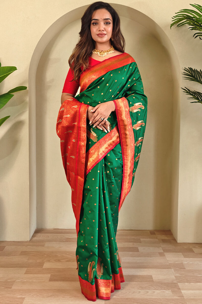 Irish Green Zari Woven Banarasi Soft Silk Saree