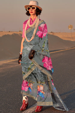 Ironside Grey Printed Tussar Silk Saree
