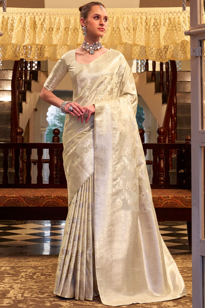 Ivory Beige Banarasi Satin Silk Saree