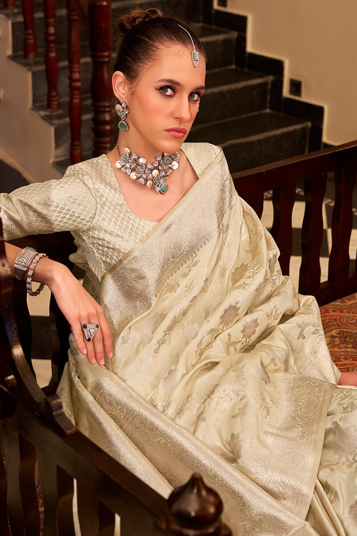 Ivory Beige Banarasi Satin Silk Saree