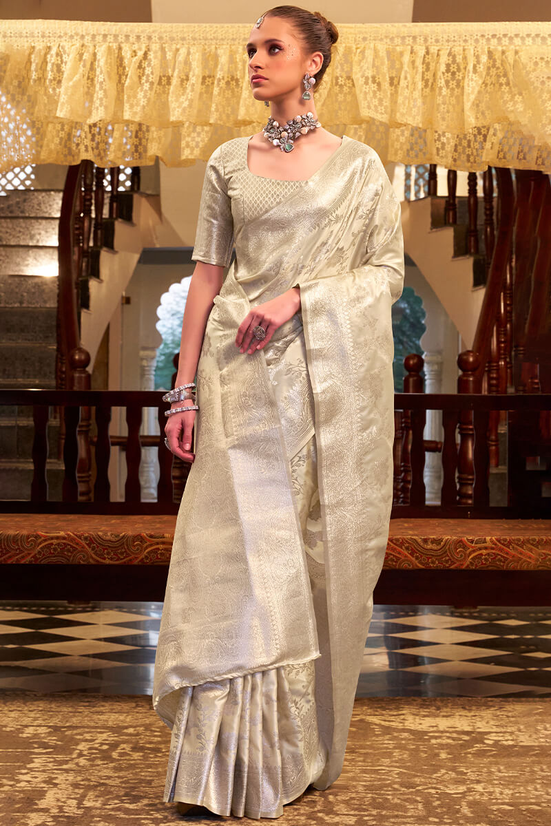 Ivory Beige Banarasi Satin Silk Saree
