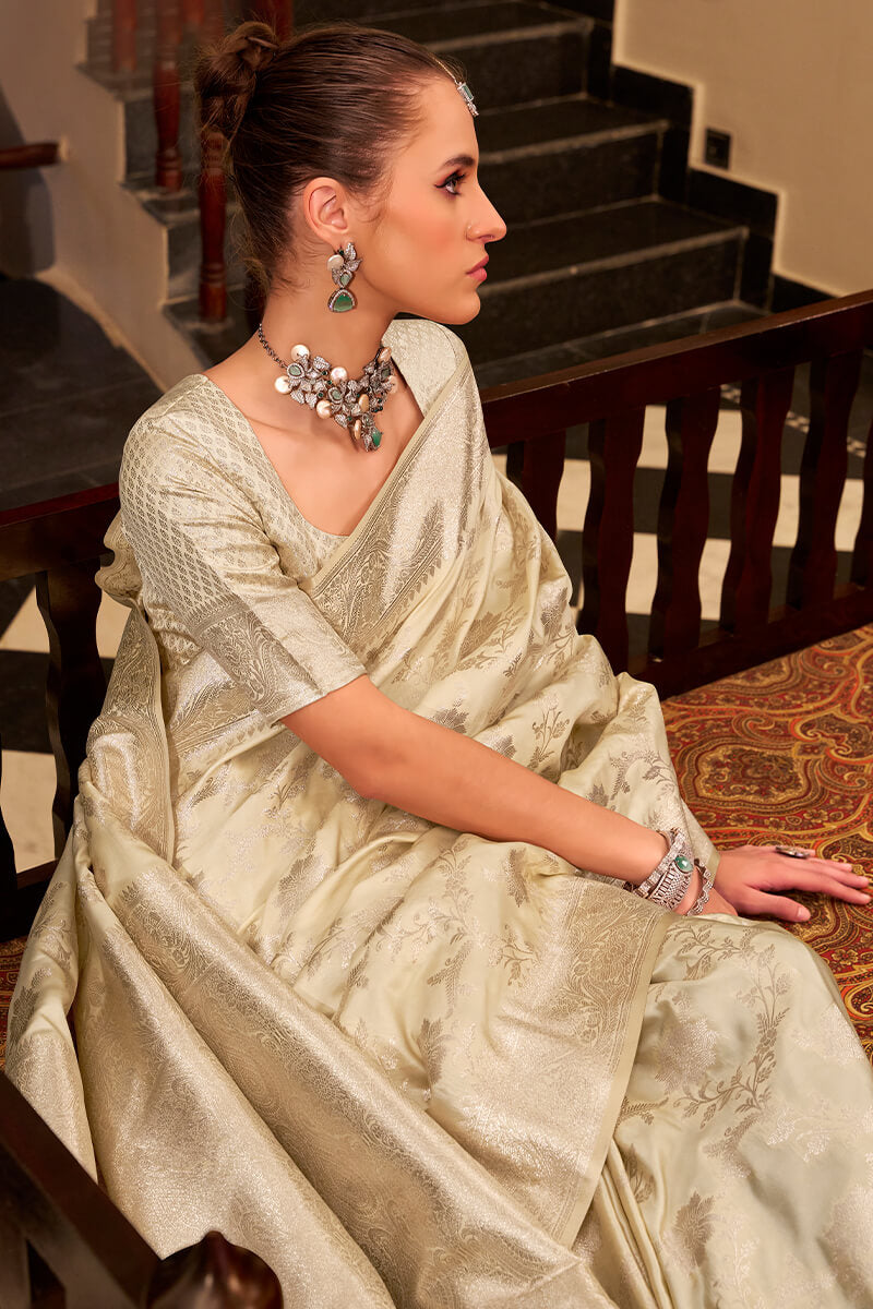 Ivory Beige Banarasi Satin Silk Saree