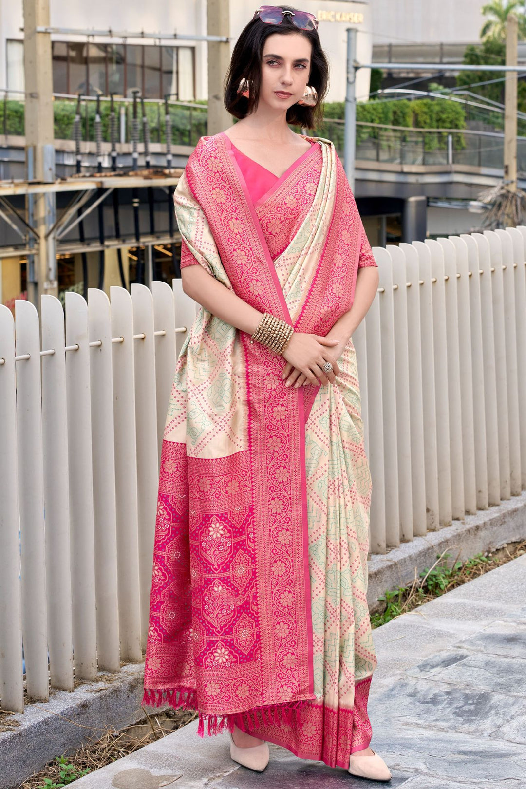 Ivory Beige Soft Bandhani Saree
