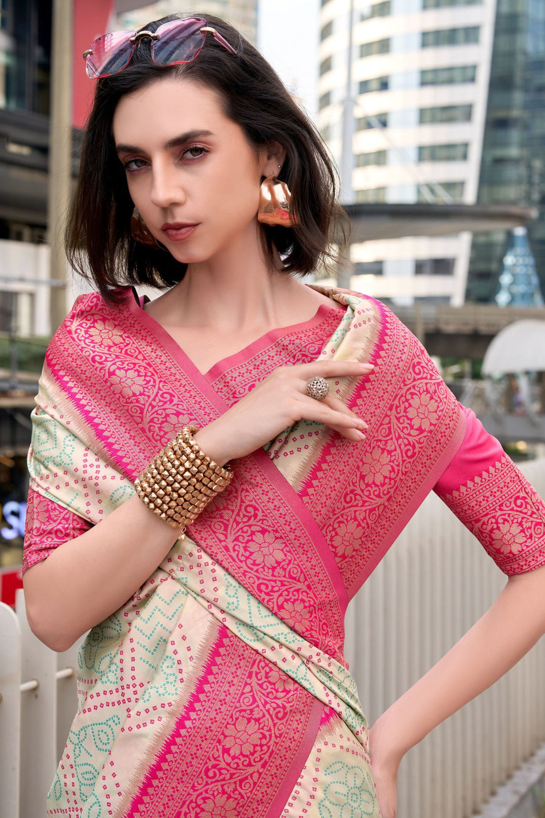 Ivory Beige Soft Bandhani Saree