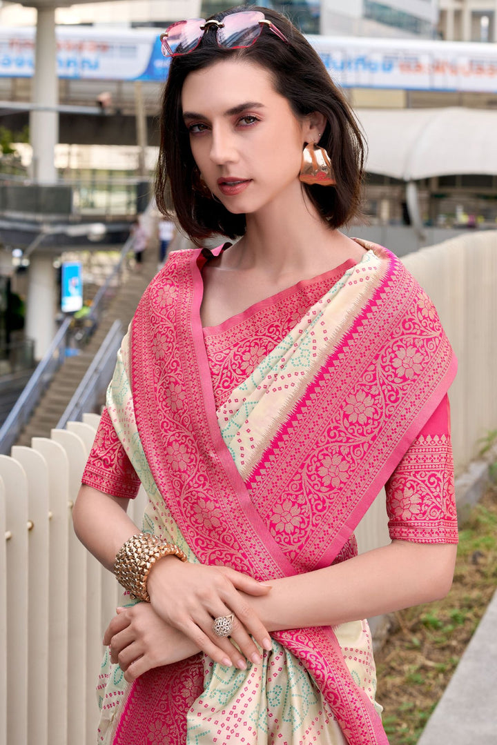 Ivory Beige Soft Bandhani Saree