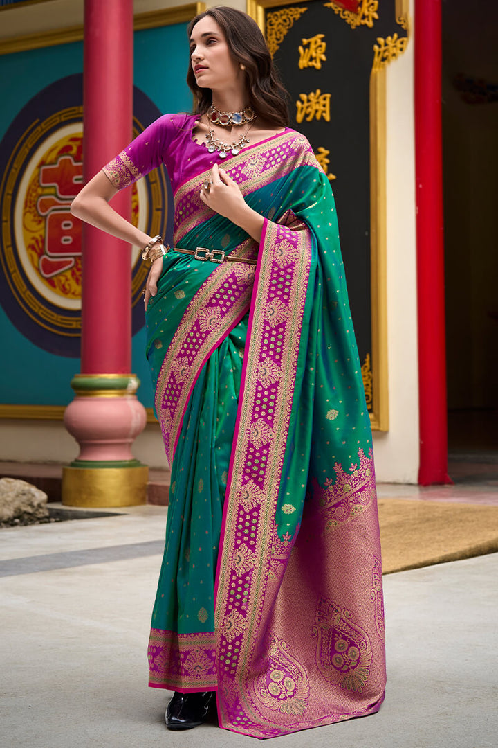 Jade Green Zari Woven Soft Banarasi Silk Saree