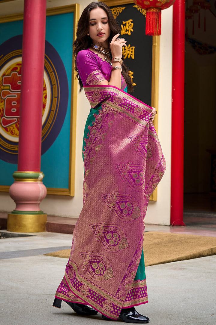 Jade Green Zari Woven Soft Banarasi Silk Saree