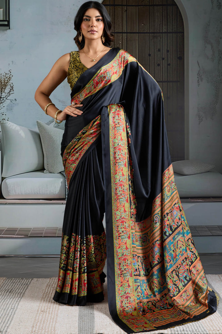 Jaguar Black Ajrakh Printed Satin Silk Saree