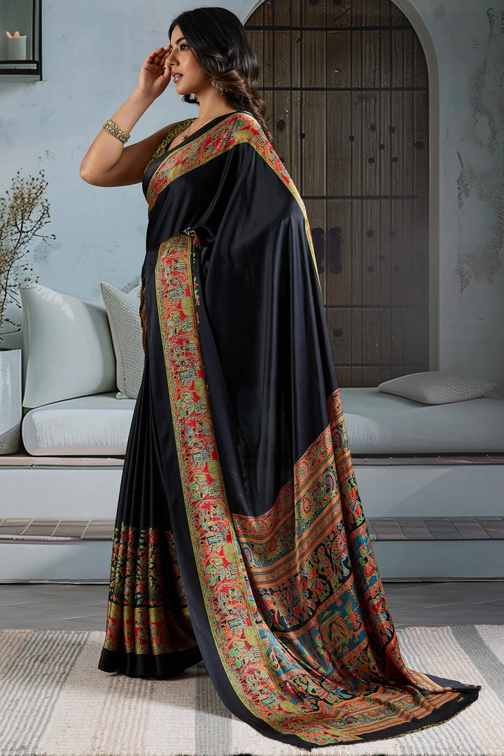 Jaguar Black Ajrakh Printed Satin Silk Saree
