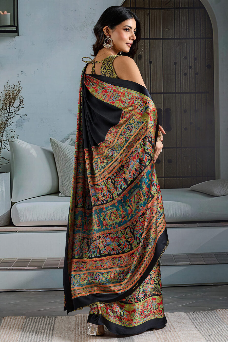 Jaguar Black Ajrakh Printed Satin Silk Saree