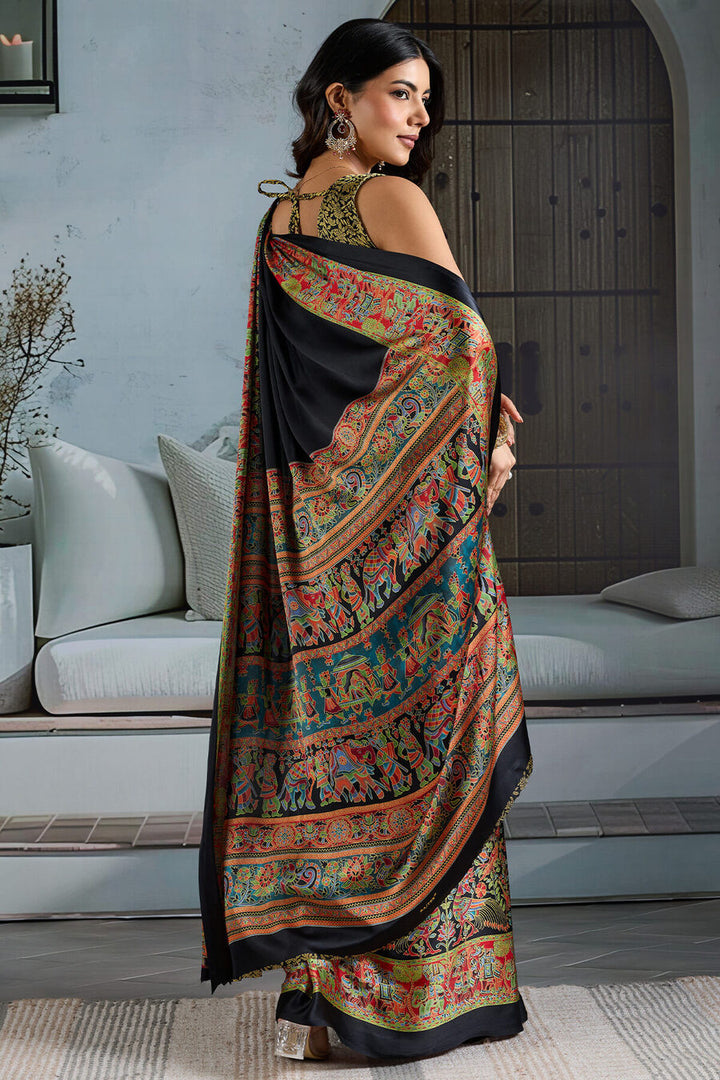 Jaguar Black Ajrakh Printed Satin Silk Saree