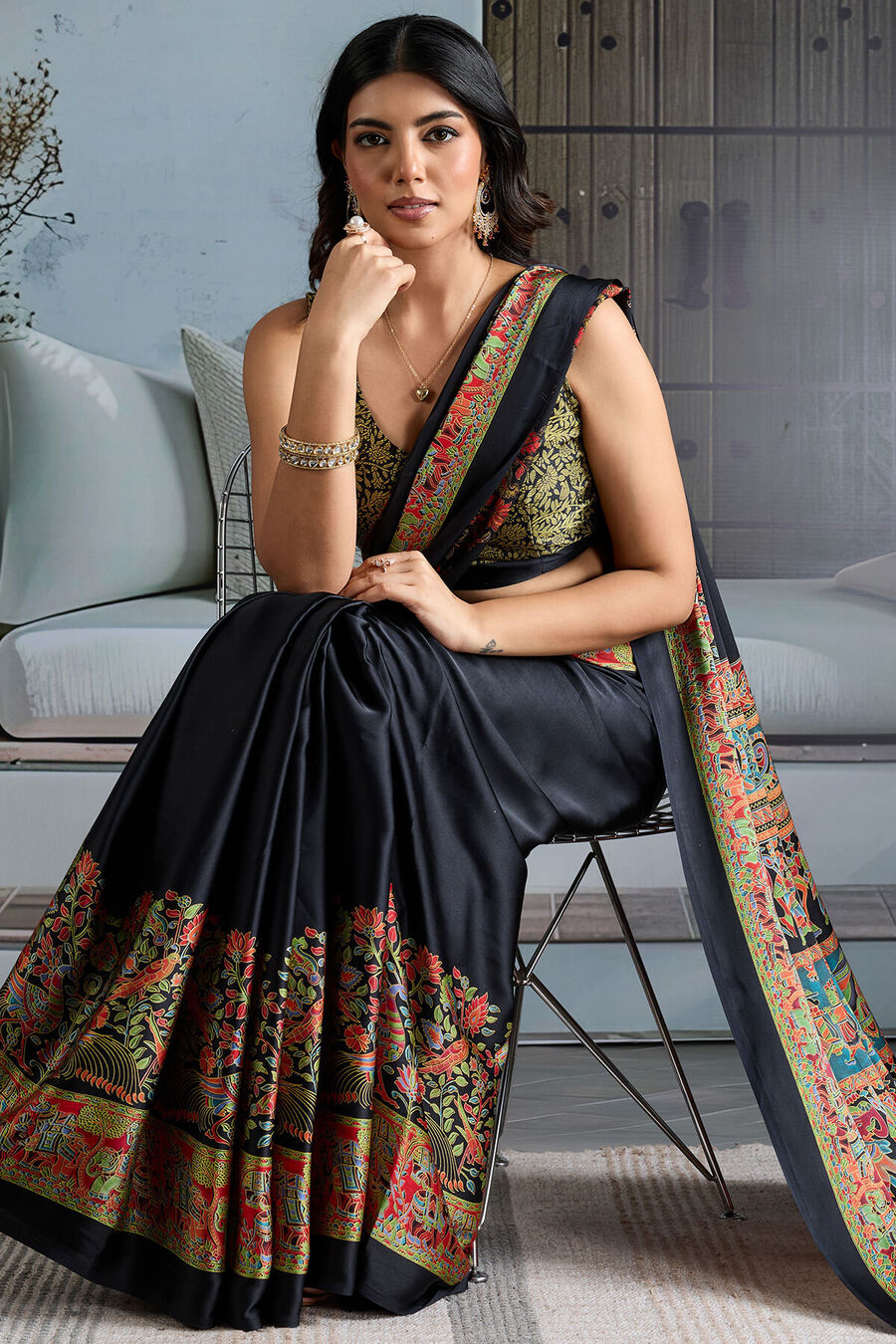 Jaguar Black Ajrakh Printed Satin Silk Saree