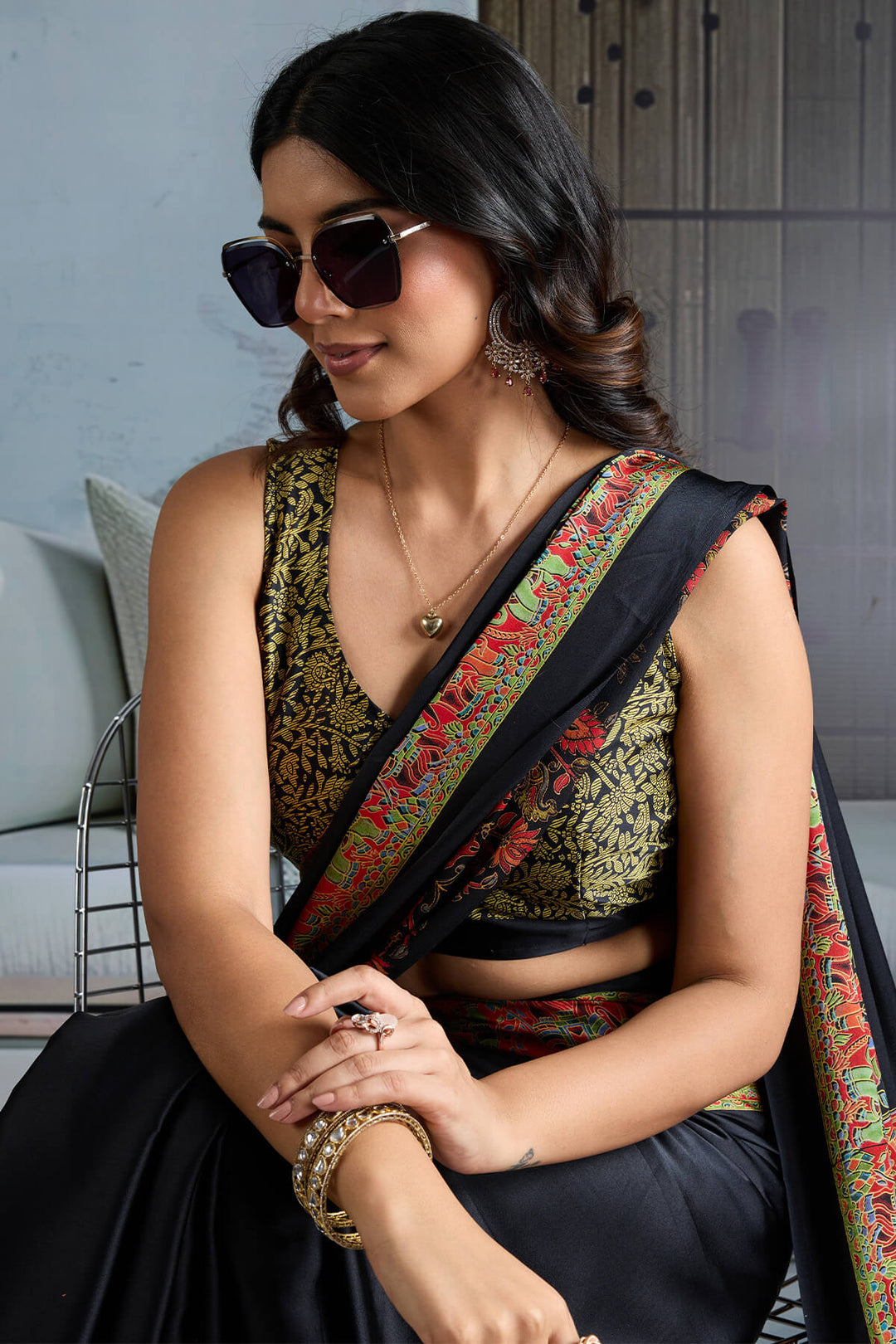 Jaguar Black Ajrakh Printed Satin Silk Saree