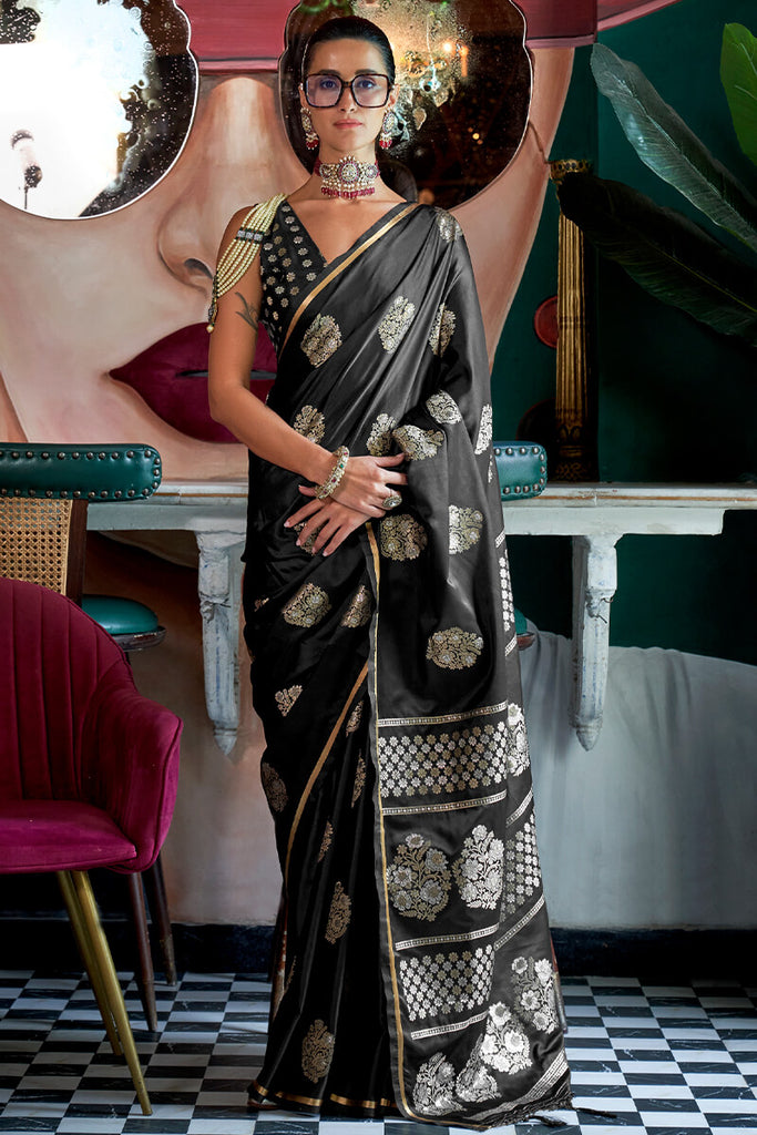 Jaguar Black Banarasi Satin Silk Saree