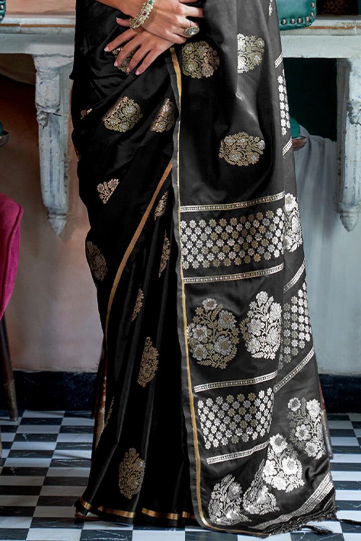 Jaguar Black Banarasi Satin Silk Saree