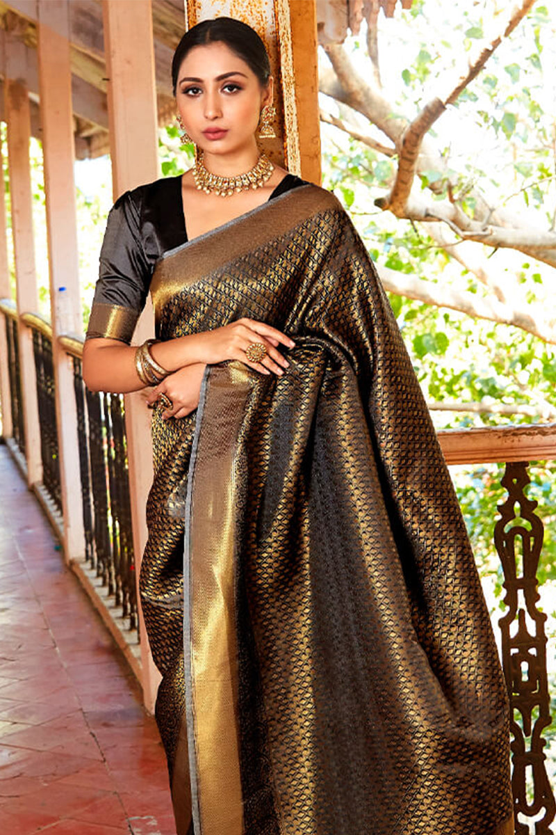 ILKAL Handloom Cotton Silk Saree Black Color with running blouse -  IndieHaat – Indiehaat.com