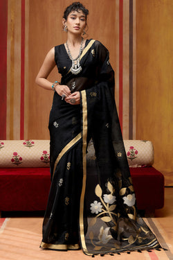 Jaguar Black Munga Cotton Silk Saree with Organza Weaving Pallu